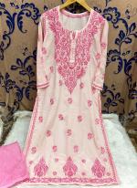 Pink Cotton Festival Wear Lucknowi Kurti With Pant