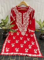 Red Modal Silk Traditional Wear Lucknowi Kurti