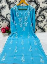 Sky Blue Rayon Traditional Wear Lucknowi Kurti