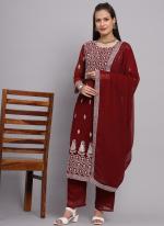 Maroon Faux Georgette Festival Wear Embroidery Work Readymade Salwar Suit