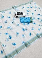 White Sky Blue Linen Daily Wear Digital Printed Saree