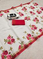 White Red Linen Daily Wear Digital Printed Saree