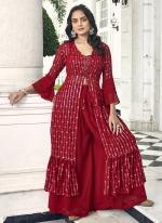 Red Faux Georgette Party Wear Embroidery Work Top Palazzo With Jacket