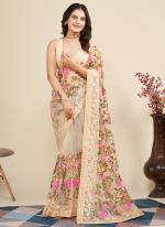 Beige Soft Net Traditional Wear Embroidery Work Saree