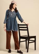 Blue Viscose Blend Casual Wear Embroidery Work Top