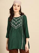 Bottle Green Viscose Blend Casual Wear Embroidery Work Top