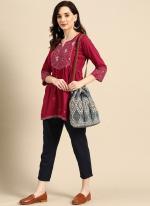 Red Viscose Blend Casual Wear Embroidery Work Top