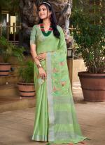 Pista Green Linen Festival Wear Weaving Saree