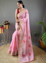 Pink Pure Linen Party Wear Weaving Saree