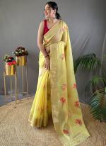 Yellow Pure Linen Party Wear Weaving Saree
