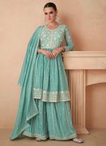 Sky Blue Chinnon Silk Wedding Wear Embroidery Work Sharara Suit