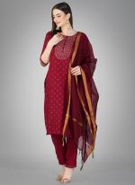 Maroon Cotton Slub Daily Wear Embroidery Work Readymade Salwar Suit