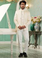 Cream Art Silk Wedding Wear Thread Work 3 Pcs Jodhpuri Suit