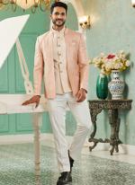 Peach Art Silk Wedding Wear Thread Work 3 Pcs Jodhpuri Suit