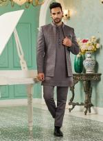 Grey Art Silk Wedding Wear Thread Work 3 Pcs Jodhpuri Suit