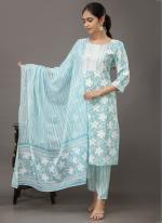 Sky Blue Rayon Cotton Casual Wear Embroidery Work Readymade Salwar Suit