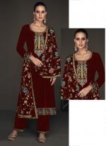 Maroon Viscose Velvet Festival Wear Embroidery Work Palazzo Suit