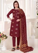 Maroon Jacquard Silk Casual Wear Zari Butta Straight Suit