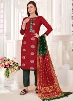 Red Jacquard Silk Casual Wear Zari Butta Straight Suit