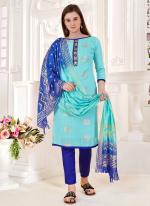 Sky Blue Jacquard Silk Casual Wear Zari Butta Straight Suit