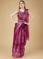 Wine Organza Party Wear Embroidery Work Stitched Saree