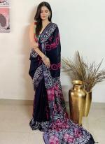 Dark Blue Linen Party Wear Digital Printed Saree