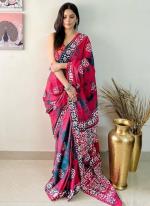 Dark Pink Linen Party Wear Digital Printed Saree