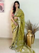 Green Linen Party Wear Digital Printed Saree