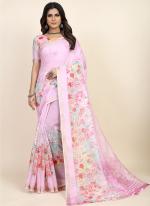 Baby Pink Chanderi Cotton  Party Wear Digital Printed Saree