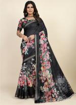 Black Chanderi Cotton  Party Wear Digital Printed Saree