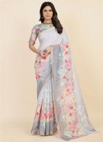 Grey Chanderi Cotton  Party Wear Digital Printed Saree