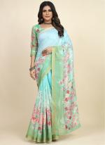 Sky Green Chanderi Cotton  Party Wear Digital Printed Saree