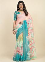 Sky Peach Chanderi Cotton  Party Wear Digital Printed Saree