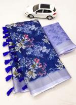 Navy Blue Linen Casual Wear Digital Printed Saree