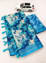 Sky Blue Linen Casual Wear Digital Printed Saree