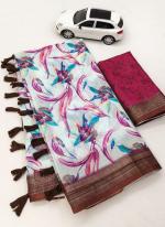 White Linen Casual Wear Digital Printed Saree