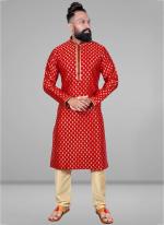 Red Pure Silk Traditional Wear Jacquard Kurta Pajama