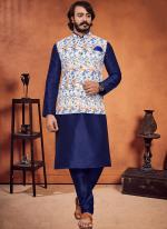 Blue Art Silk Traditional Wear Printed Modi Jacket Kurta Pajama