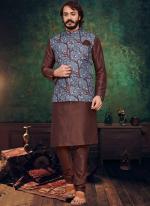Brown Art Silk Traditional Wear Printed Modi Jacket Kurta Pajama