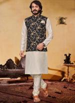 Off White Art Silk Traditional Wear Printed Modi Jacket Kurta Pajama