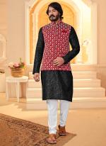 Black Art Silk Festival Wear Mirror Work Modi Jacket Kurta Pajama