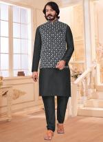 Grey Art Silk Festival Wear Mirror Work Modi Jacket Kurta Pajama