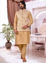 Beige Pure Silk Traditional Wear Mirror Work Modi Jacket Kurta Pajama