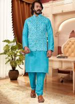 Sky Blue Pure Silk Traditional Wear Mirror Work Modi Jacket Kurta Pajama