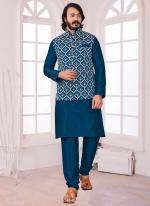 Teal Blue Pure Silk Traditional Wear Mirror Work Modi Jacket Kurta Pajama