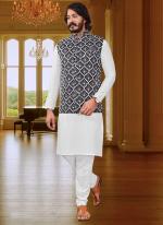 White Pure Silk Traditional Wear Mirror Work Modi Jacket Kurta Pajama