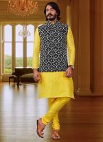 Yellow Pure Silk Traditional Wear Mirror Work Modi Jacket Kurta Pajama