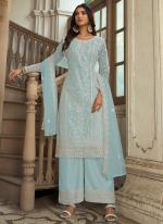 Sky Blue Net Eid Wear Embroidery Work Palazzo Suit