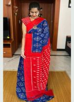 Blue Red Plain Linen Wedding Wear Digital Printed Saree