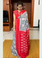 Grey Red Plain Linen Wedding Wear Digital Printed Saree